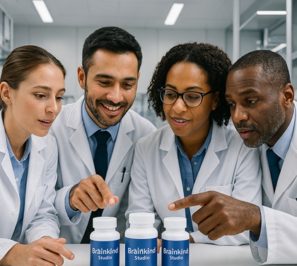 Scientists examining Brainkind Studio bottles